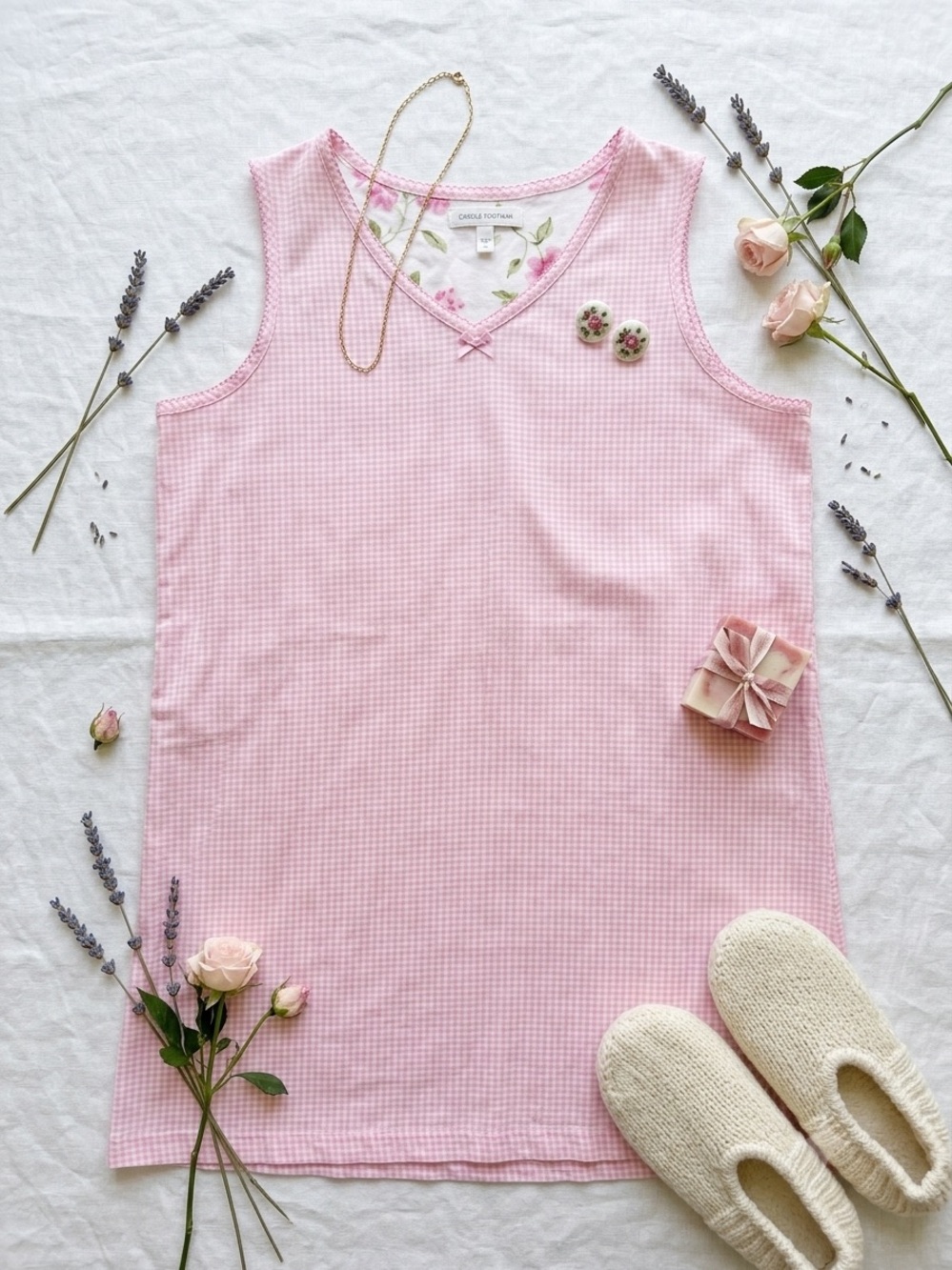 Carole Hochman Pink Gingham Floral Trim Nightgown L Coquette Cottagecore Nightie